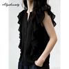 French Style Summer Women Basic Black Blouse V Neck Casual Loose Office Lady Shirt Flying Sleeve Elegant Feminine Blouse