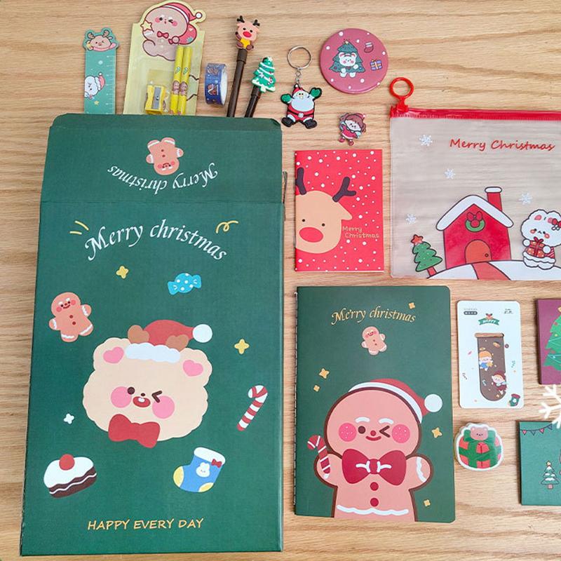 

1 набор рождественских канцелярских товаров в глухой коробке, рождественский подарок для детей, включает в себя ручки, сменные наклейки для детей, школьные принадлежности 22.5*14*6cm