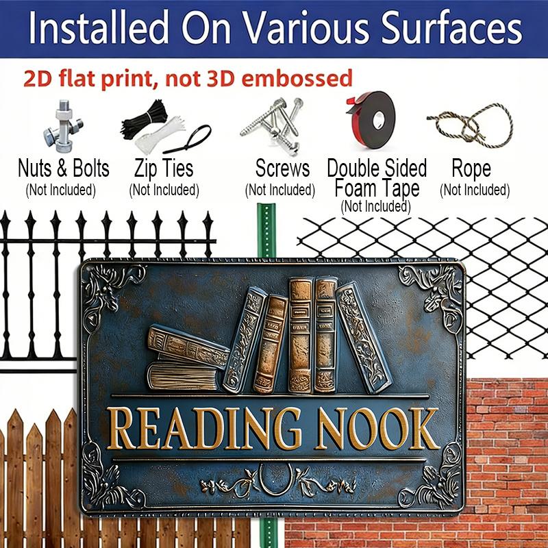 2D Flat 1pc 12"x8" Retro Book Stack Aluminium Wall Art with "READING NOOK" Quote - Vintage Home Library Decor, Classic Book Design, Durable Aluminium