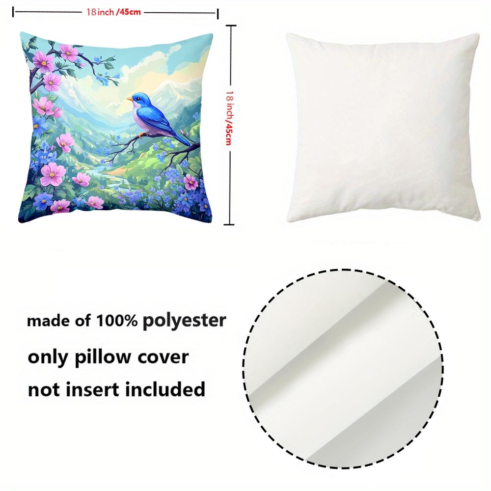 Blue Bird Flower Mountain Scenery Pattern Cushion Cover Polyester Pillowcase, Sofa Decorative Cushion Cov Headboard Pillow