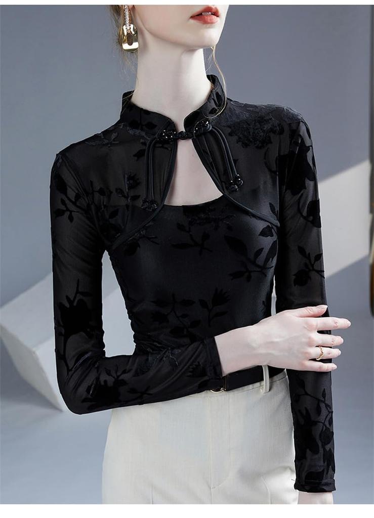 YANGRONG Lace Qipao Cheongsam Long Floral Chinese High Neck Women's Top, Shirt, Blouse, Innerwear, Pullover, Sexy, Sleeve, Elegant, See-Through Print,