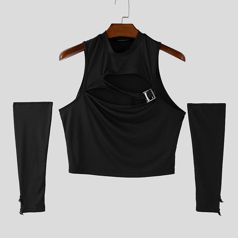 INCERUN Men Mockneck Sleeveless Cutout Casual Fitted Crop Tank Tops with Oversleeve