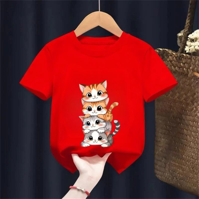 Cute Cat Graphic Kids Tshirts Summer Short Sleeve Tees Cartoon Animal Boys Girls Clothes Kawaii Kitten Tops Y2K Children T-shirt