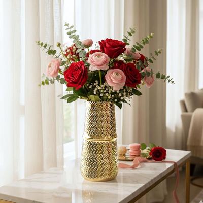 Arrow Engrave Metal Cylindrical Vase for Home Decor, Golden - 1Pc