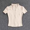Camisetas de entrenamiento adelgazantes de cintura de verano de alta calidad para mujer, de secado rápido, con cuello alto ajustado y cremallera completa, camisetas de yoga de manga corta.