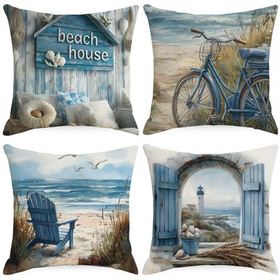 Coast Beach Pillow Cover Seaside Navigation Marine Life Linen Pillow Cover