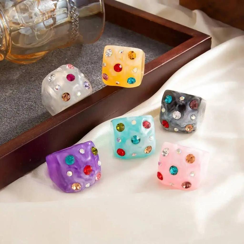 IngeSight.Z Trend Colorful Resin Inlay Rhinestone Geometric Square Ring for Women Sweet Chunky Geometric Ring Jewelry Accessory