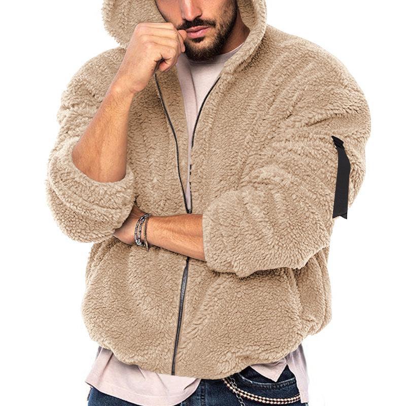 Spring, Autumn and Winter Men's Jacket Double-sided Arctic Velvet Hooded Solid Color Casual Zipper Jacket