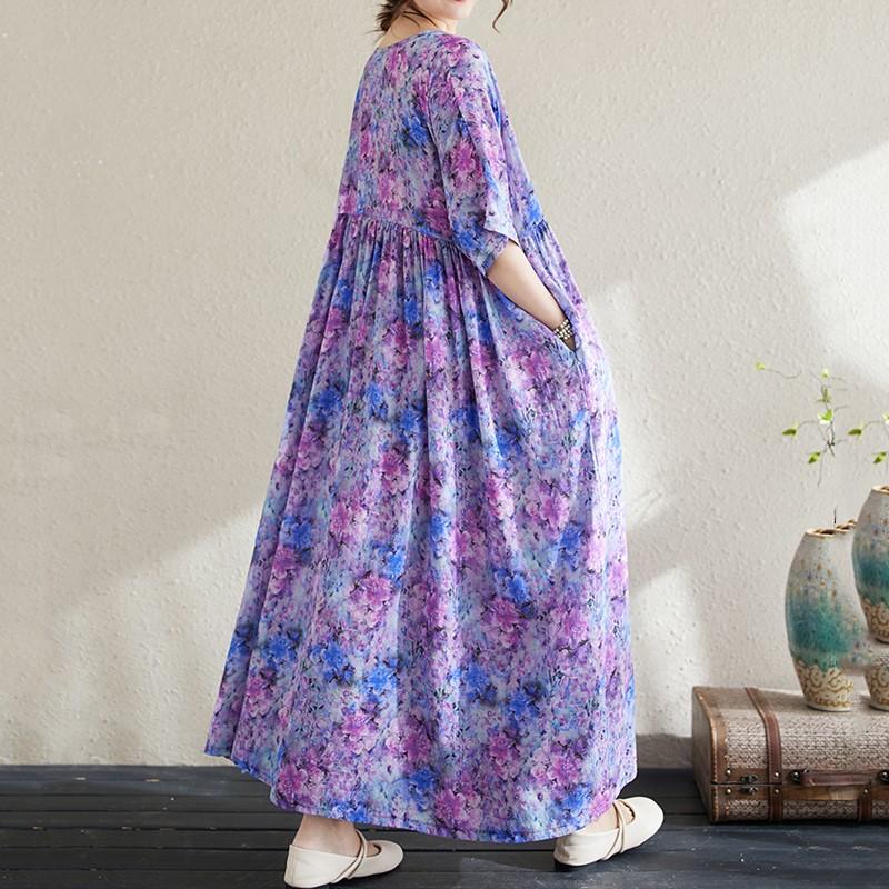 Kurzarm Plus-Size-Baumwolle im Vintage-Stil mit Blumenmuster, neu in Kleidern für Damen, lässig, locker, für den langen Sommer