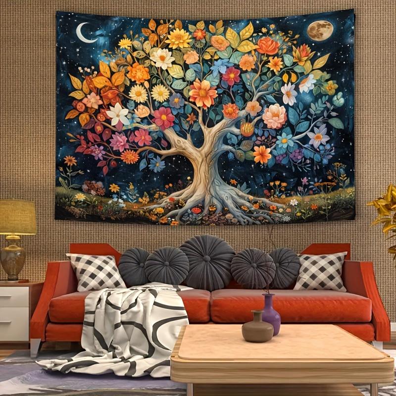 

Dreamy Starry Life Tree Art Tapestry Wall Decor Floral Moon Pattern Bedroom Living Room Cloth Cozy Atmosphere Decoration 74x94cm(29x37in)