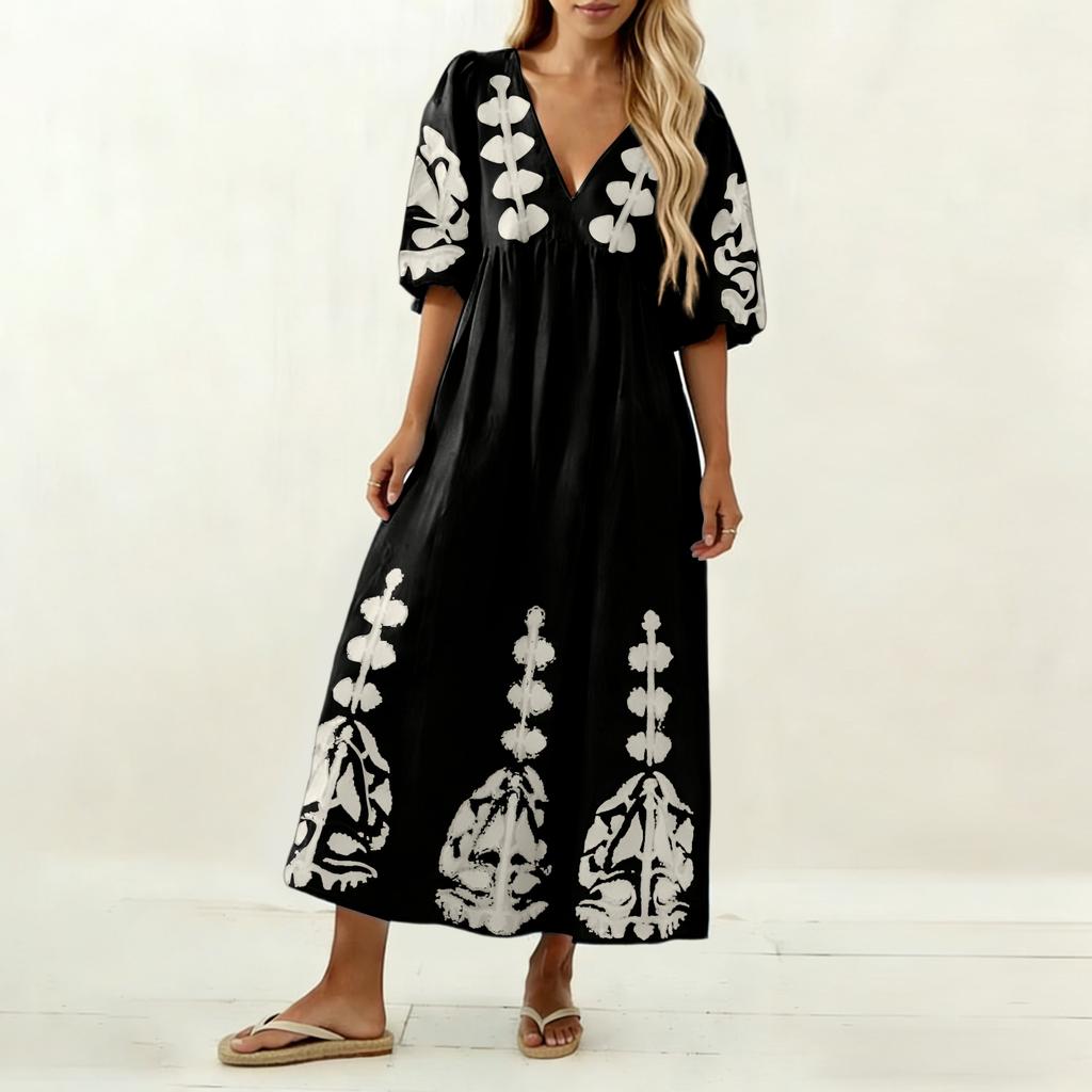 Abito Casual da Donna alla Moda con Scollo a V, Maniche a Bolla, Stampa Floreale, Vestibilità Larga, Schiena Svuotata, Manica a Tre Quarti