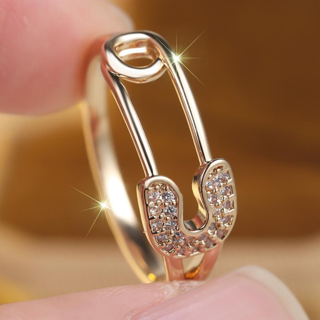 Fashionable Gold Color Pin Style Sparkling Inlaid Zircon Ring, Suitable for Women's Simple Daily Party Jewelry Gifts