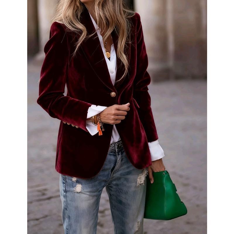 Women's Solid Color Velvet Notched Lapel Single‑Button Long Sleeve Slim Fit Blazer Jacket