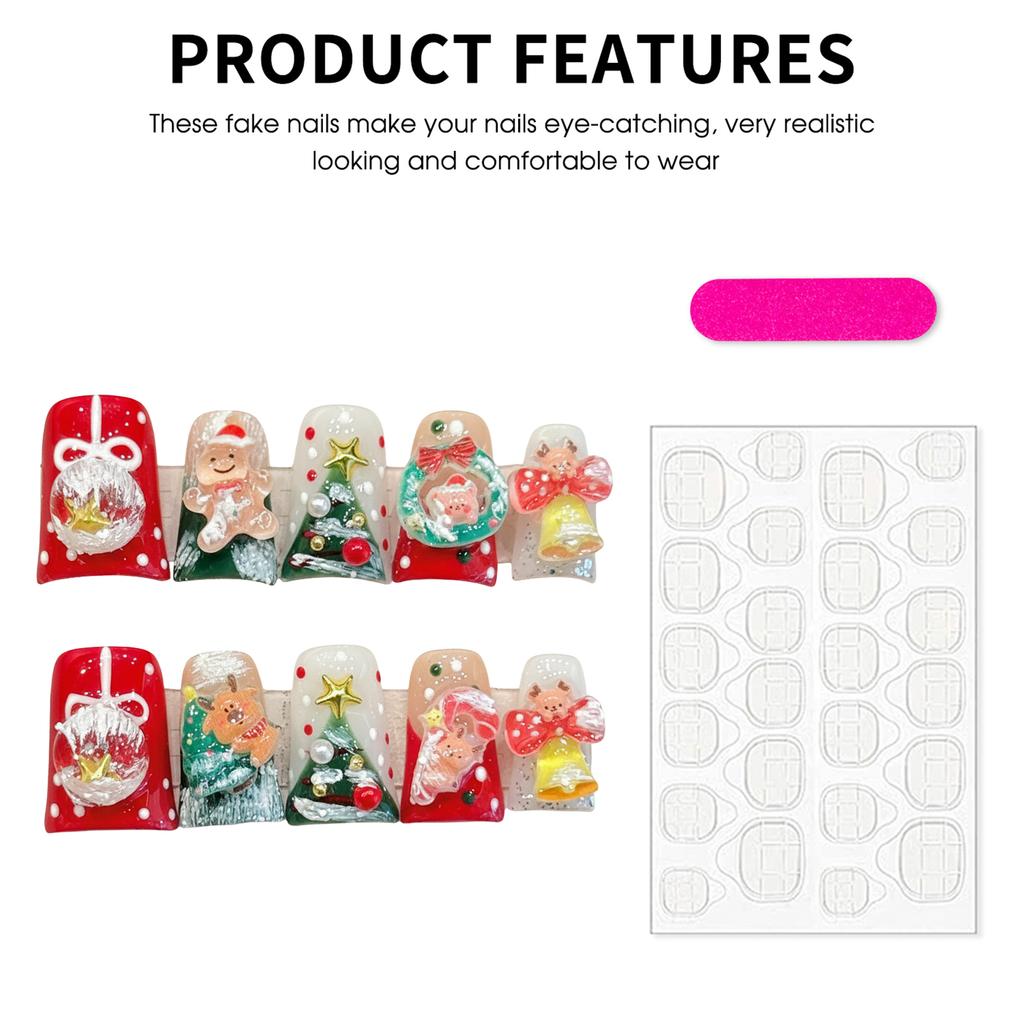 10PCS Christmas Artificial Nails with Duckbill Design Holiday Theme Press On Nails for Women Girls Festive Party Nail Art Decoration