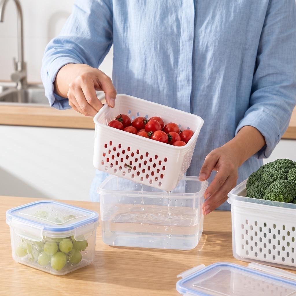 Plastic Food Storage Containers with Airtight and Colander, 3-Piece Set (Small+Medium+Large) for Kitchen and Vegetable Organization