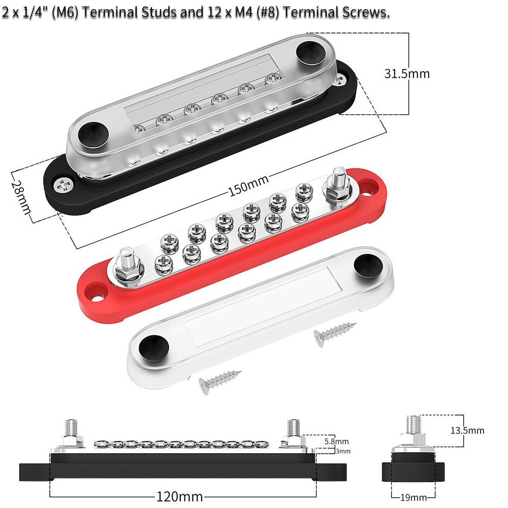 Car Terminal Block Negative Bus Bar 12V 150A Terminal Block 12V Power Distribution Block M8 Termianl Bus for Automotive Boat Fuses4