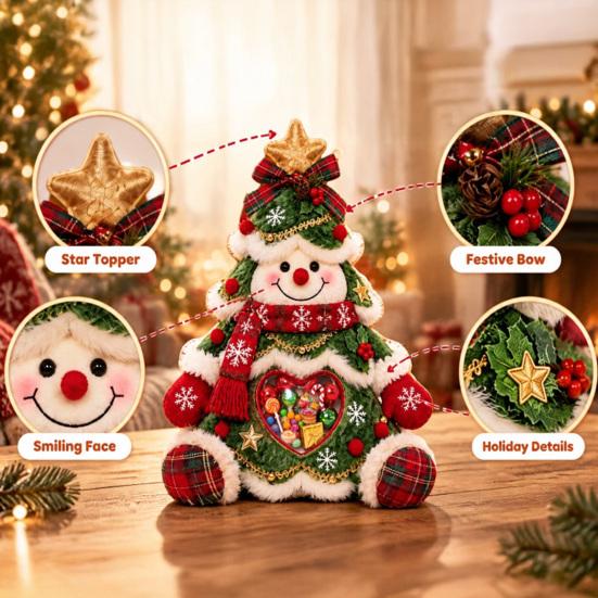 Cute Christmas Table Centerpiece Refillable Snowman Treat Holder, Plush Sitting Figure Candy Jar with Clear Heart Soft Decoration Window, 3D