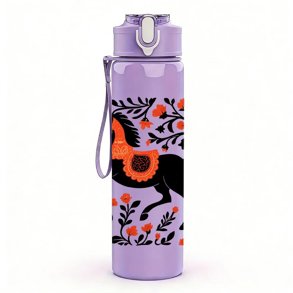 1PC Floral Black Horse Art 750ml Color Plastic Sports Water Bottle Leakproof Flip Straw Lid Suitable for Sports Office Home Use