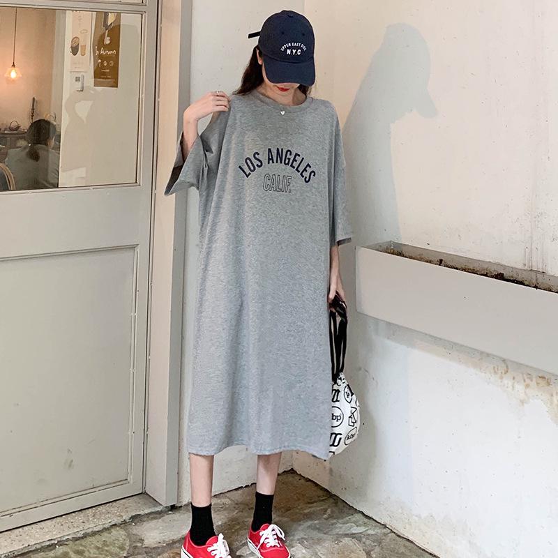 Women's Korean Style Cotton Short-Sleeve Loose Casual Plus Size Long Dress for Summer Maternity and Nightwear