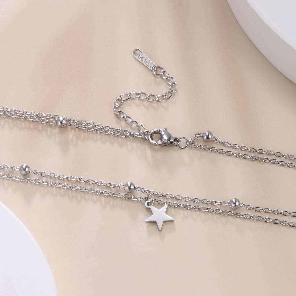 KKjoy Star Pendant Necklace for Women Silver Color Stainless Steel Beads Double Chain Collars Minimalist Jewelry Accessories New