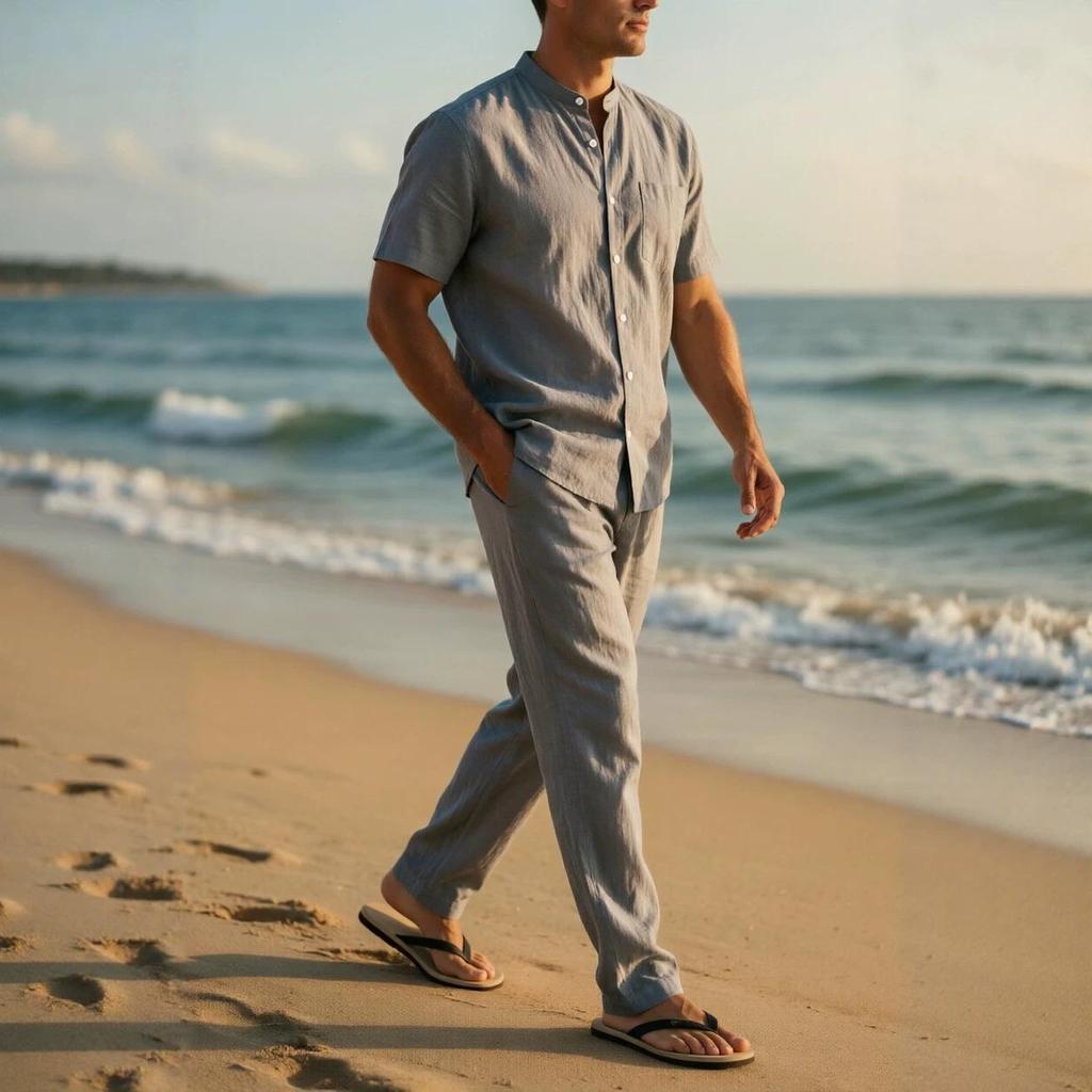 Men’s European Size Linen Summer Sportswear Set: Short-Sleeve Shirt & Pants