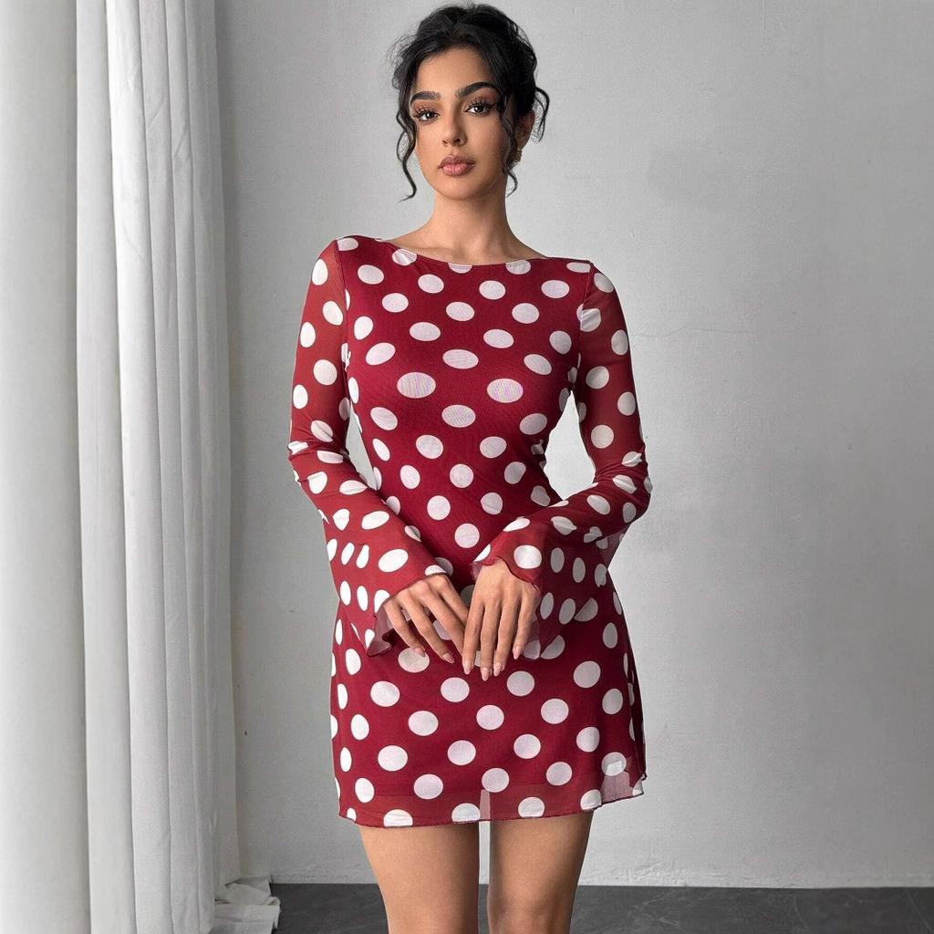 Women Evening Party Flare Sleeve O Neck Backless Mesh  Dot Printed Package Hip One Piece Dress