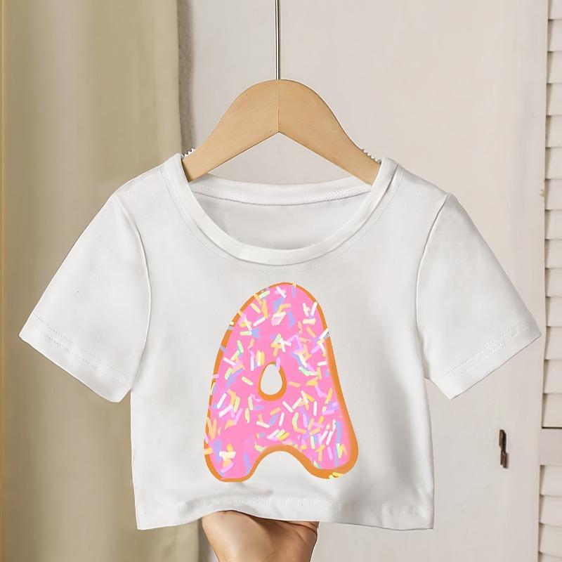 Girls Summer Crew Neck Short Sleeve T-Shirt with Donut Background Capital Letter A Print 110 белый