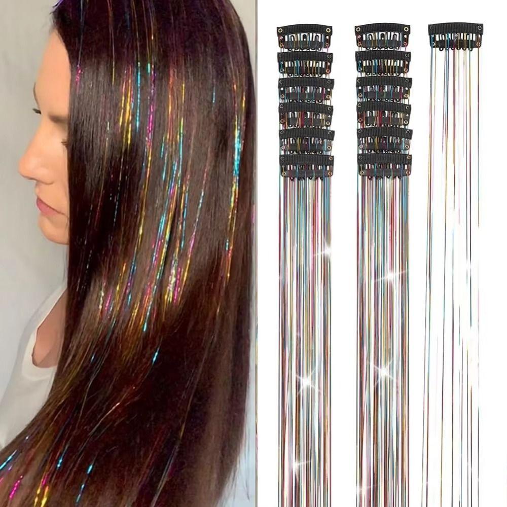 12Pcs Synthetic Hair Glitter Tinsel Hair Sparkle Hair Tinsel Kit Highlights Hair Accessories