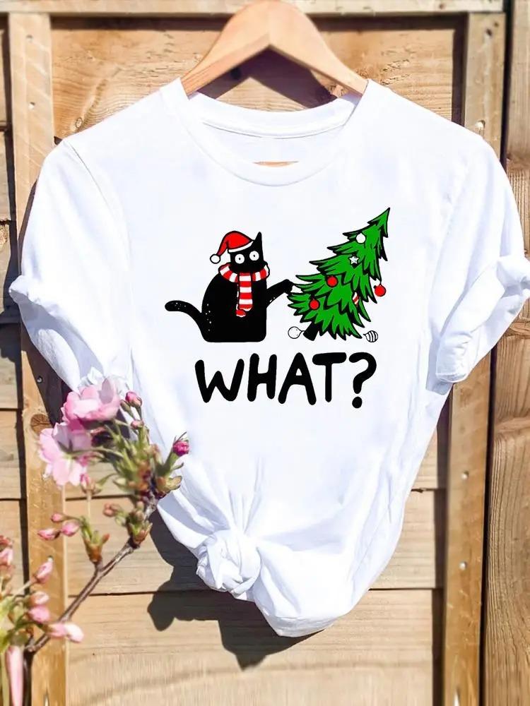 Christmas Cactus with Santa Hats and String Lights White TShirt with Colorful Flower Pot Details Unique Casual Top for Women