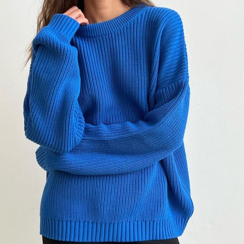Solid color round neck thickened sweater women's autumn and winter new loose long sleeve lazy wind pullover knitted sweater women