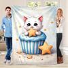 White Cat and Cookie Theme Blue Flannel printed blanket suitable for all seasons suitable for living room office sofa and travel