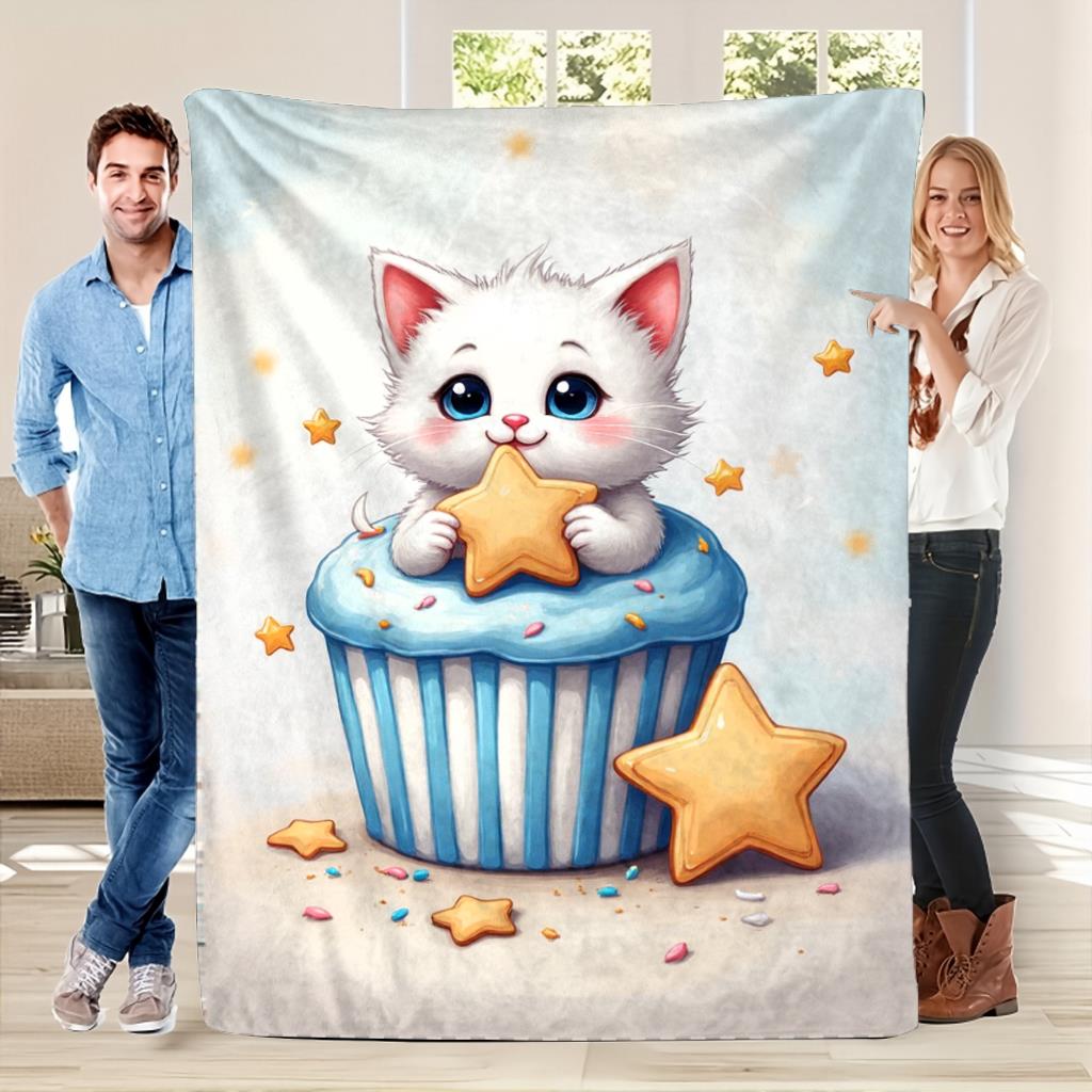 White Cat and Cookie Theme Blue Flannel printed blanket suitable for all seasons suitable for living room office sofa and travel