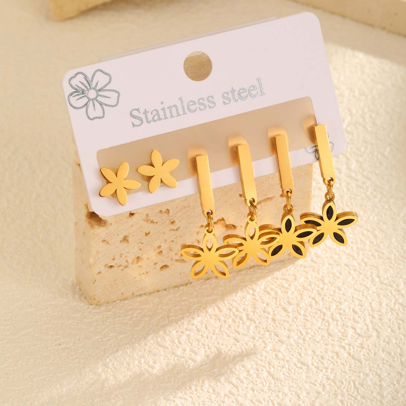 

3 Pairs Flower Stud Earrings for Women,Gold Color Stainless Steel Geometric Earrings,Fashion Set Jewelry Gifts