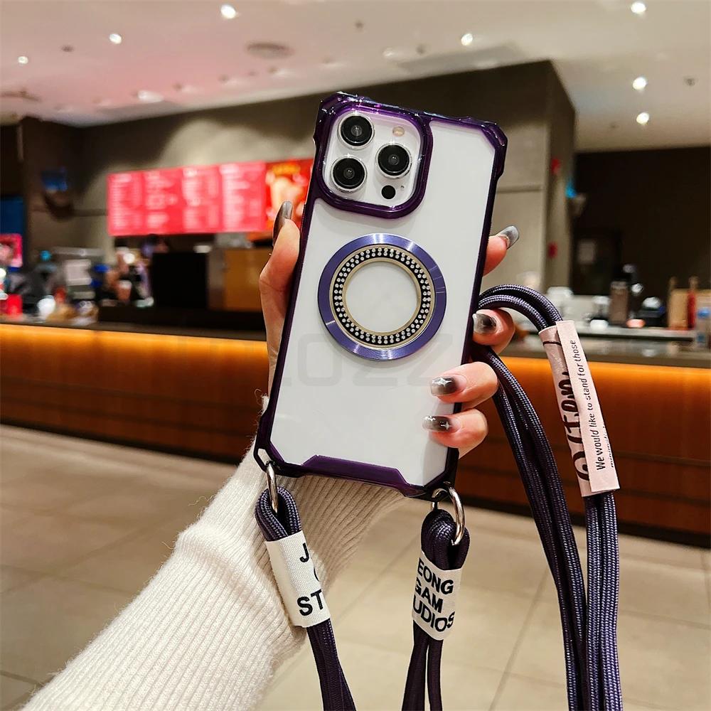

Чехол-шнурок с магнитным креплением, противоударный, прозрачный, для iPhone 16, 15, 11, 13, 12, 14, Pro Max Plus, XSMAX XR, 8, 7, Samsung S22, S23, S24, Ultra Plus, FE, A15, A55, A14, A54, A53 iPhone 16 Plus фиолетовый