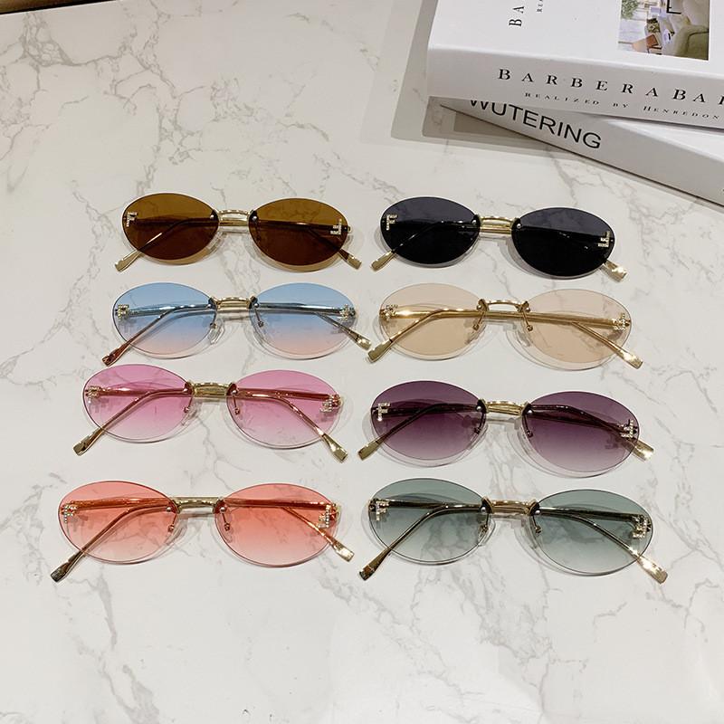 New Letter F Frameless Sunglasses With Rhinestone Elliptical Frame Uv400 For Fashion Outings