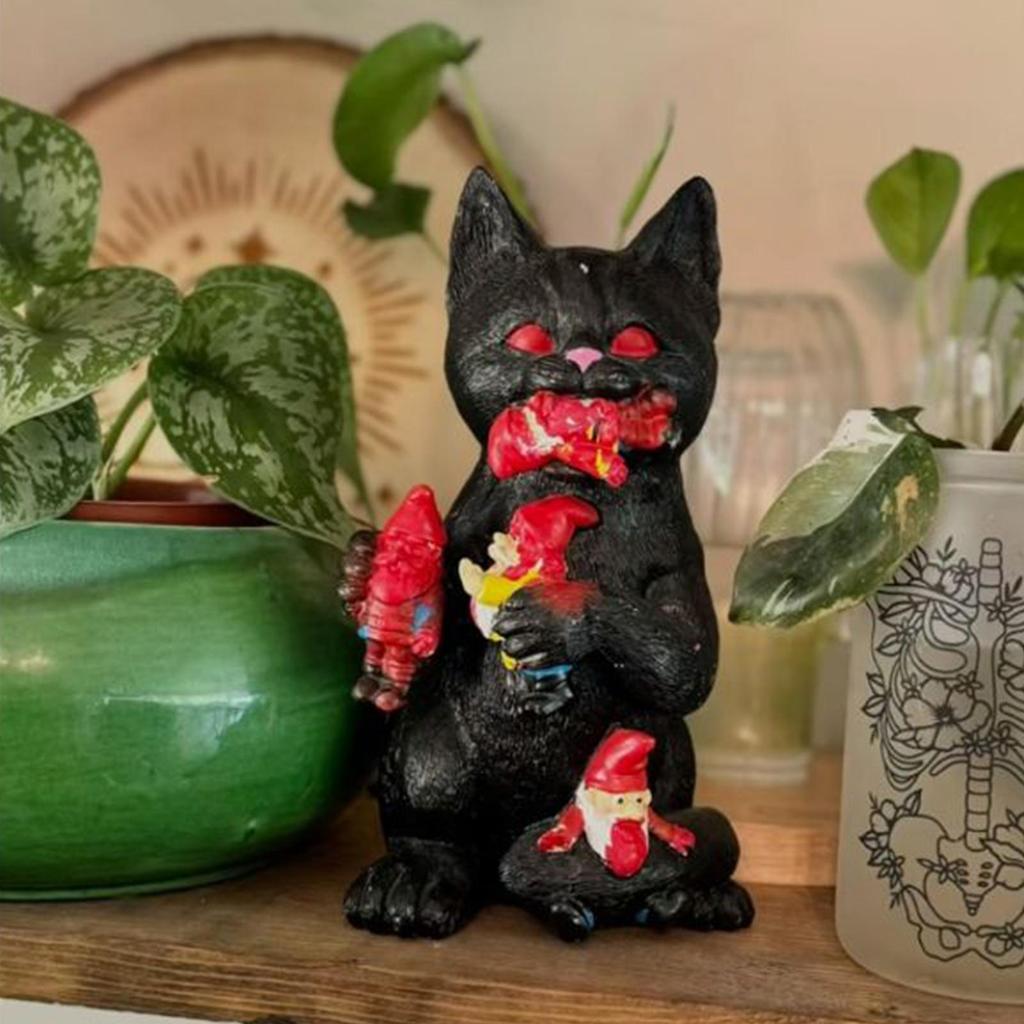 Black Cat Statue Halloween Decorative Holiday Statue Decorative Cat Eating Dwarf Figurine For Display Cabinet Nightstand Dining