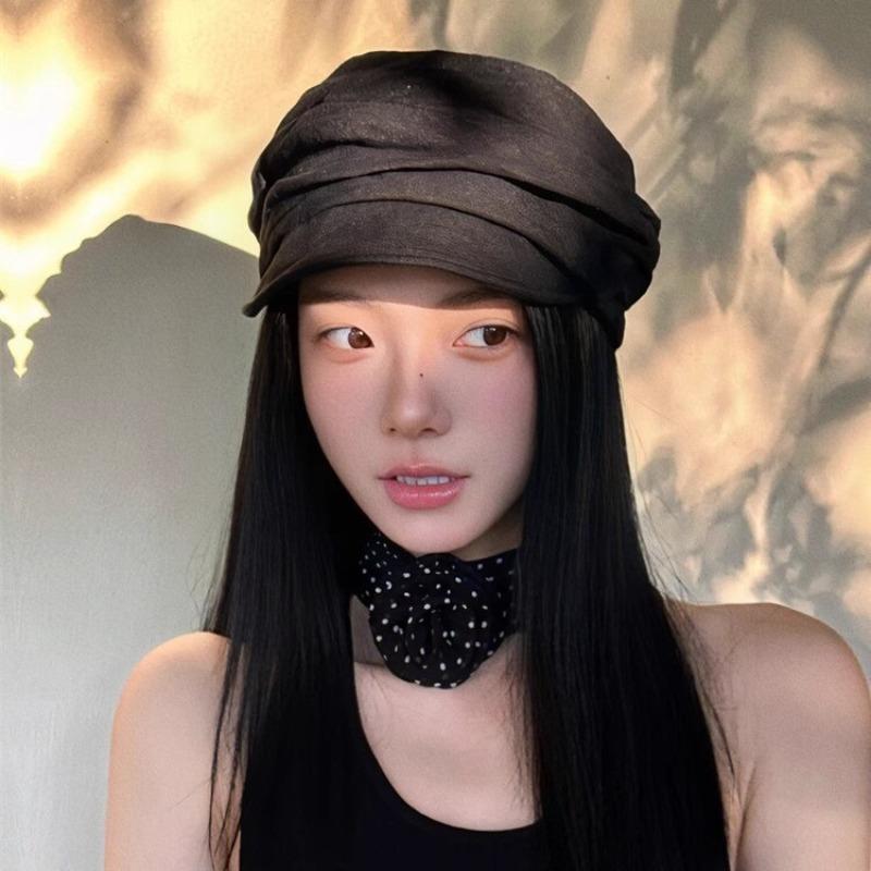 Retro Yamamoto style thin breathable washed linen pleated design octagonal hat temperament show face small equestrian hat