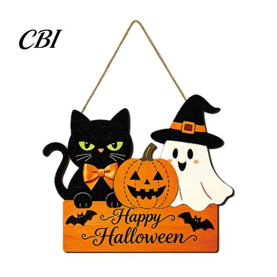 Cute Halloween Front Door Plaque Sign with Hemp Rope Lanyard, Pumpkin Ghost Printed Hanging Weatherproof Wall Ornament Plaque, Wooden Art for