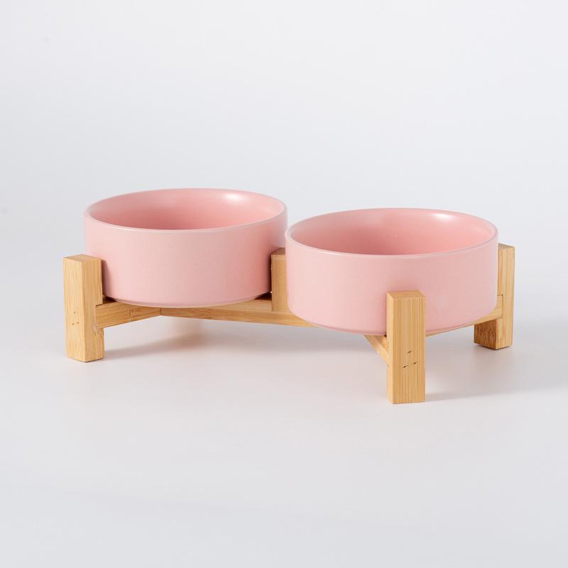 Ceramic Pet Food Bowl with Elevated Bamboo Stand - Anti-Tip Design for Dogs and Cats, Protects Cervical Spine