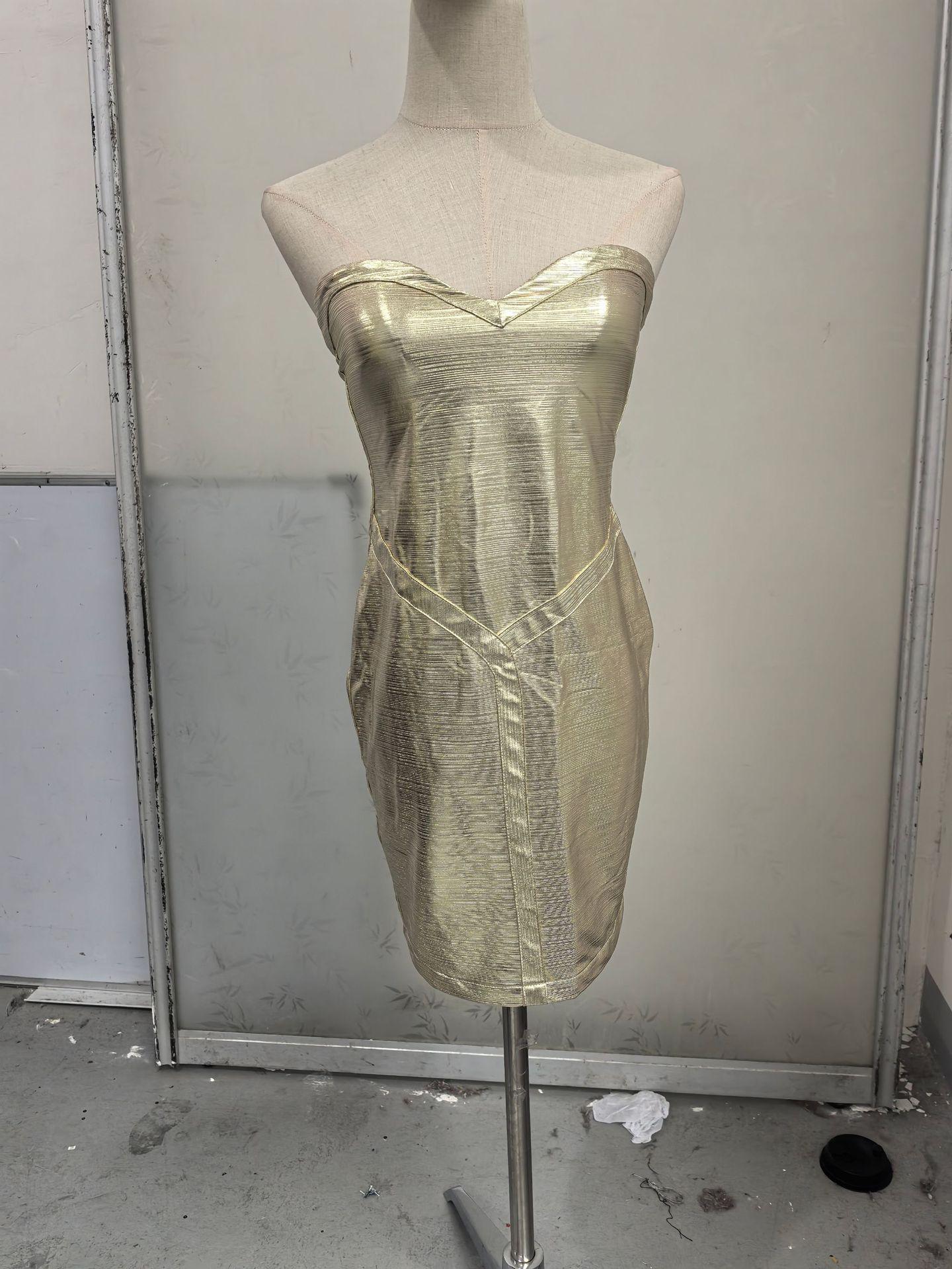 

2026 Spring Gold Bandeau Sexy Waist-Cinching Irregular Strap Dress for Women Small золотой