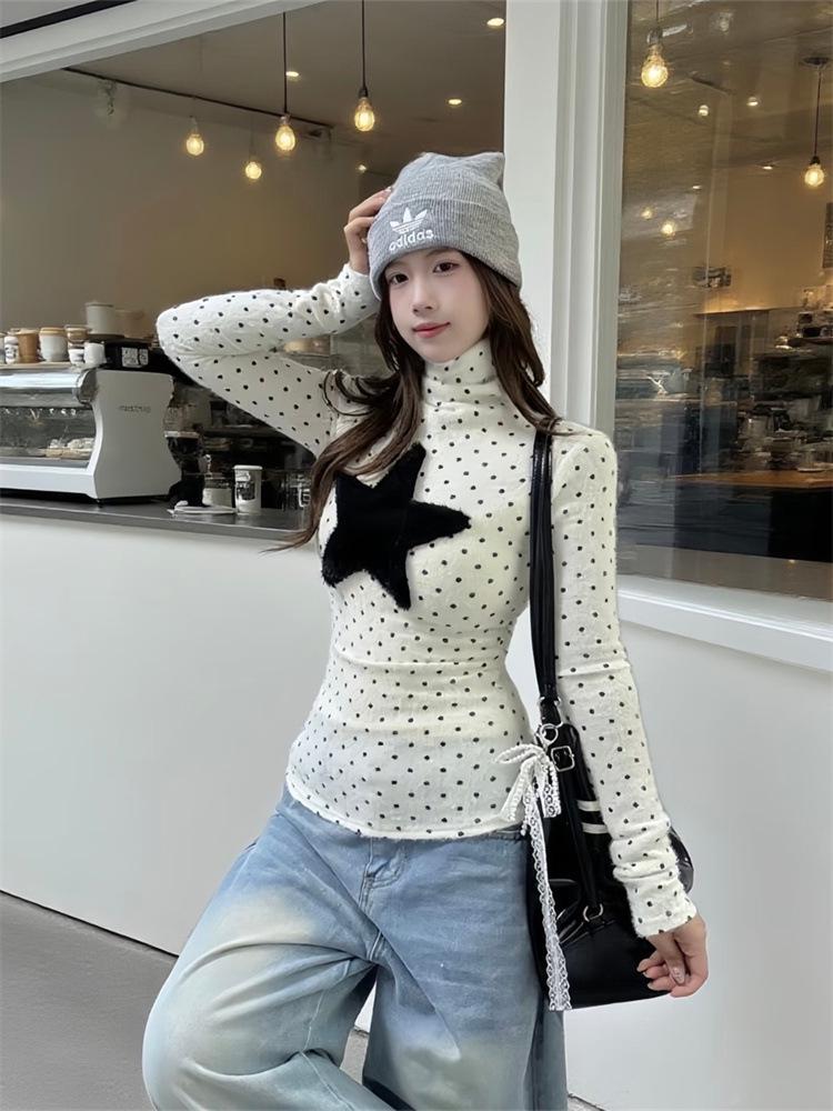 Women's American Retro Polka Dot High Neck Long Sleeve T-shirt - Korean Style Sweet Age-Reducing Collar Base Layer Top for Autumn/Winter