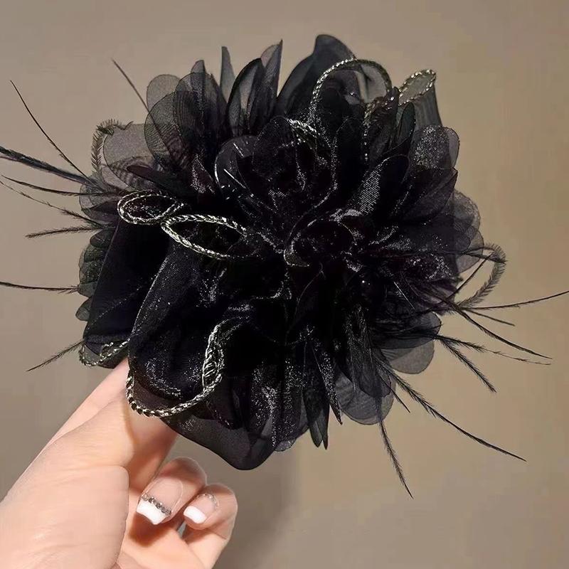 Korean Mesh Feather Clip Hairpin Large Hair Clip Black Fluffy Fur Hair Claw Shark Clip Ponytail Clips Hair Accessories