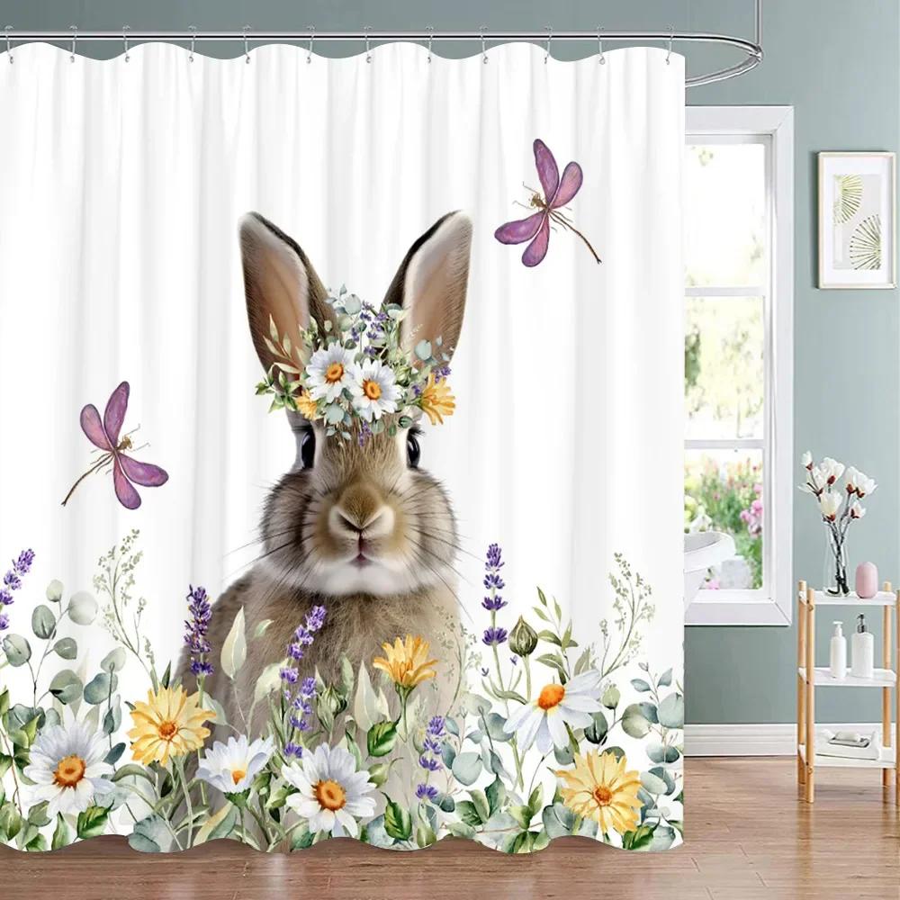 Happy Easter Bunny Shower Curtain Farm Truck Bunny Eggs Butterfly Elf Washable Polyester Fabric Hanging Curtains Bathroom Decor