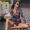 Women's Coffee Print High-Waisted Slimming Swimsuit Set with Long-Sleeve Sun Protection