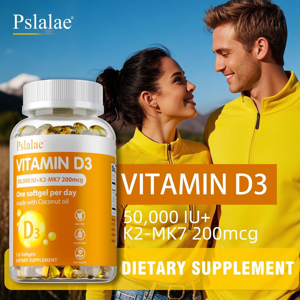 Vysoce účinný doplněk 2 v 1 vitamín D3 + K2, obsahující 50 000 IU vitamínu D3 a 200 mcg vitamínu K2 (MK-7) pro podporu zdraví kostí.