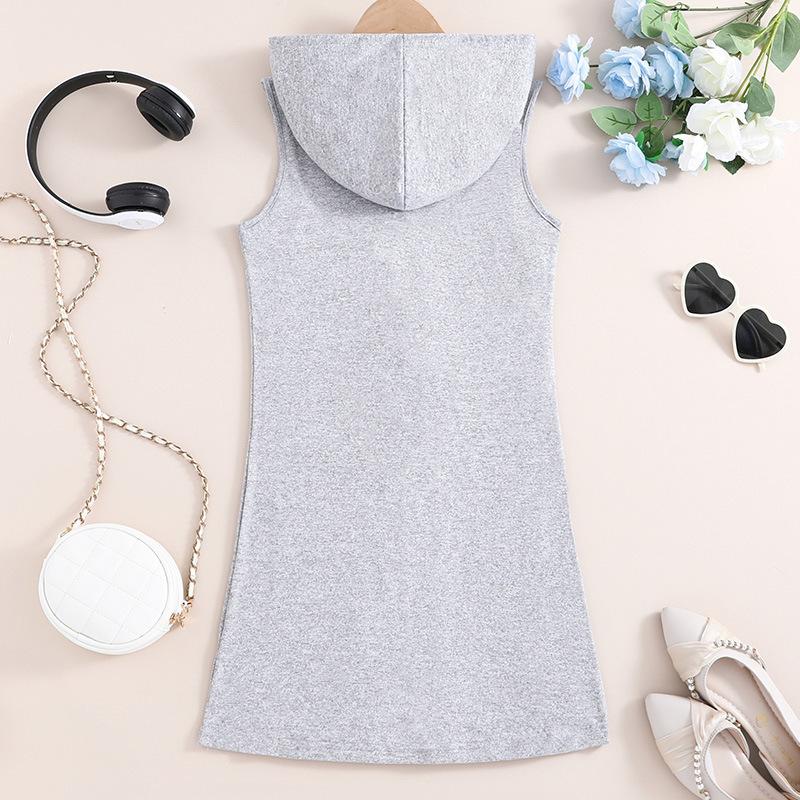 2024 Summer Children Clothes Letter Printed Hooded Sleeveless Sweater Dress Girls Casual Sports  Dresses