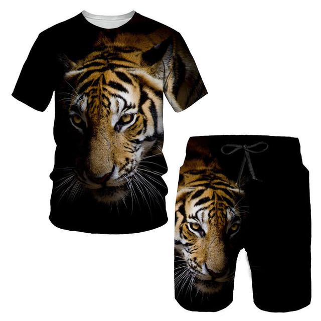 Tricou/costumul cu imprimeu 3D The Tiger, cu mâneci scurte, cu gâtul O, pantaloni de plajă pentru bărbați, set de 2 bucăți, îmbrăcăminte sport pentru cuplu, pantaloni scurți de înot