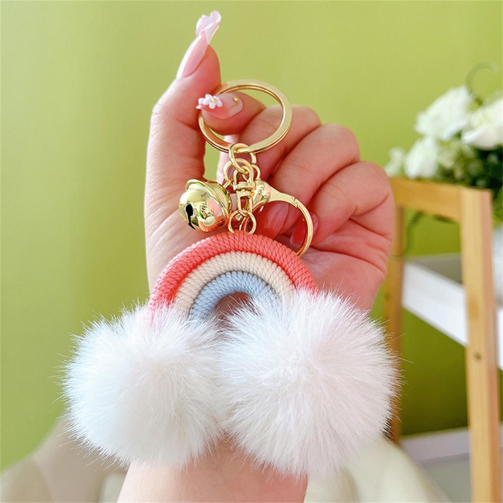 

1PC Knitted Soft Fluffy Rainbow Keychain for Women Crocheted Macrame Rainbow Keyring Handbag Pendant Gifts рожевий