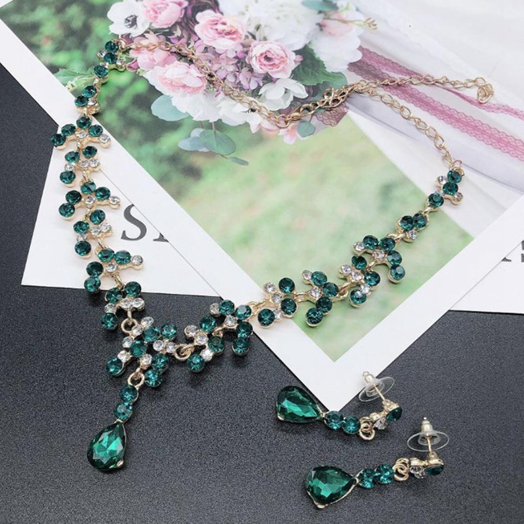 Necklace Pierced Earrings Set Green Exquisite Simulated Crystal Necklace Earrings Set for Wedding Women
