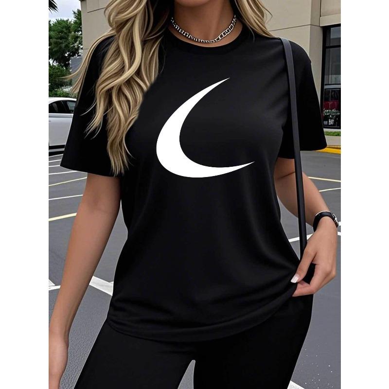 

Single-Piece Women S Short-Sleeved T-Shirt, Curved Geometric Creative Design Art Trend Design Fun Popular Print Pattern, 4XL чорний